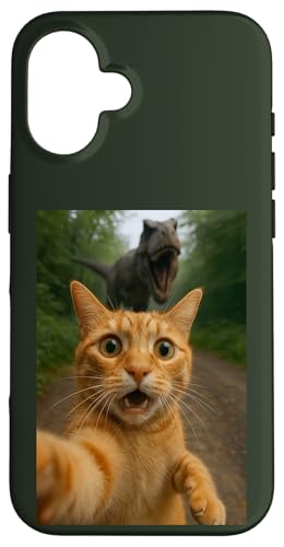 Cat Selfie Escape from Dinosaur Funny for Kids Teens Adult Coque pour iPhone 16