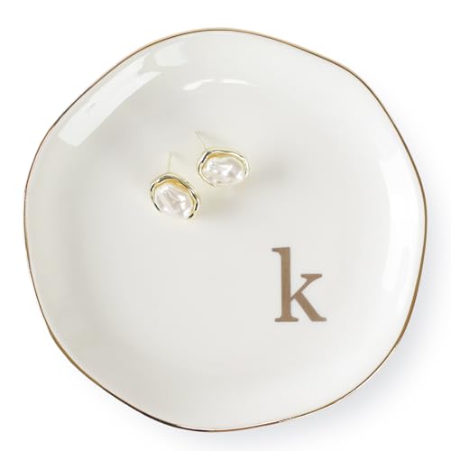 HOME SMILE Initials Ring Dish Jewery Tray with Personalized K-Monogrammed Engagement Wedding Gifts for Friends,Sister,Birthday Christmas Gifts for Women,Ceramic White