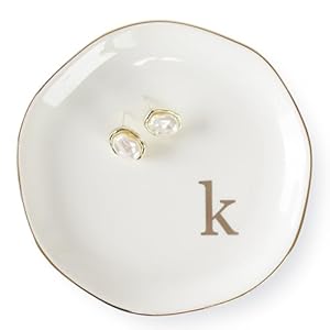 HOME SMILE Initials Ring Dish Jewery Tray with Personalized K Monogrammed Engagement Wedding Gifts for FriendsSisterBirthday Christmas Gifts for WomenCeramic White