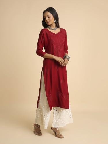 Image of RATAN Rayon Straight Lucknowi Chikankari Ethnic Wear Kurta for Women