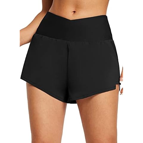 BALEAF 3" Swim Shorts Women High Waisted Cross Waist Swimsuit Bottoms Modest Tummy Control Board Shorts with Liner Black S Cover