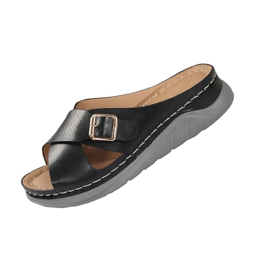Sandalias ortopédicas para mujer con plantilla de piel sintética, sandalias de cuña, sandalias romanas, zapatos de jardín, playa, plataforma, antideslizantes, para casa, Negro , 42 EU
