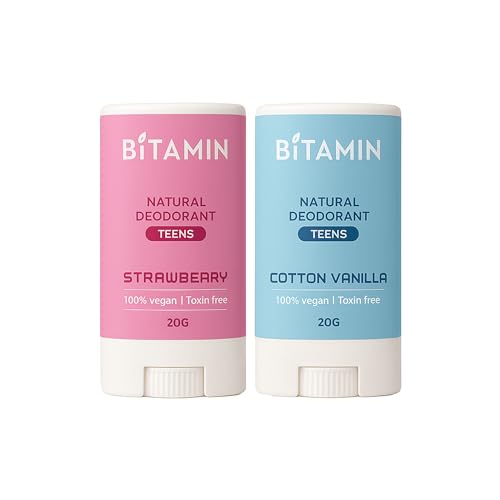 Image of Bitamin Natural Deodorant for Kids & Teens | With added 3% Vitamin C & E | No Aluminium, No Alcohol, No parabens, No Triclosan Unisex Deo (20 g (Pack of 2), Cotton Vanilla & Strawberry)