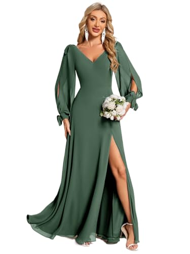 Ever-Pretty Women's Elegant Double V Neck Hollowed-Out Long Sleeves High Waist Split Chiffon Formal Dress 80116