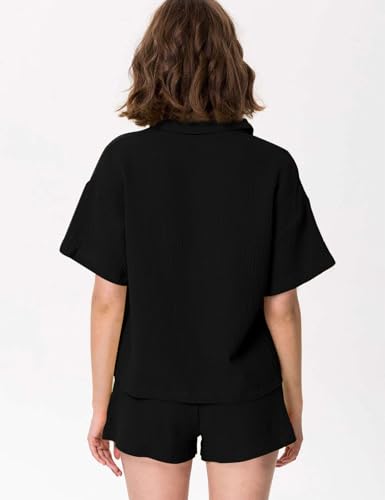 Flygo Women Casual 2 Piece Outfits Cotton Lounge Sets Loose Button Down Shirt and Shorts Pajama Gauze Set Beachwear4