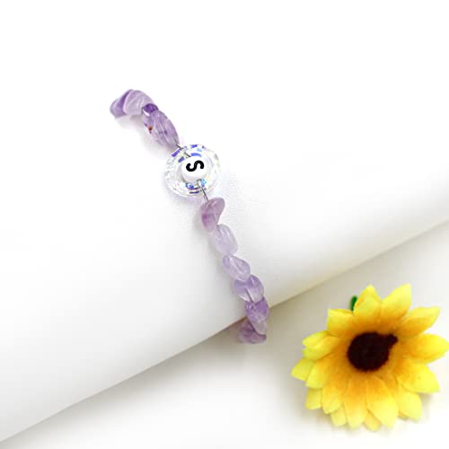 Image of Uloveido Purple Natural Stone and Austrian Crystal Letter Bracelet, Personalized Initial Jewelry for Women A-Z 26 Letters