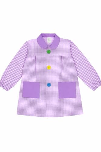 ESCOLAIN Bata Escolar (Fabricada en España) Babi Mandilon unisex cuadros vichy niño o niña uso Guardería Colegio Escuela infantil Botón grande y 2 bolsillos (Lila, 6)