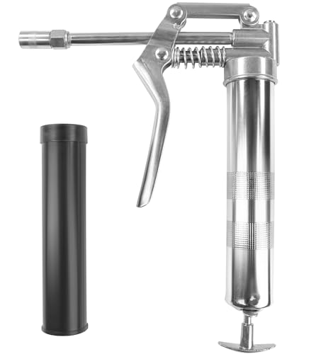 MaxWorks 51054 Mini Pistola engrasadora de 100 CC de Capacidad, Mango en T Fundido a presión, 0.5 onzas por 40 Tiempos, Tubo rígido Recto de 90 Grados para lubricar, Compatible con Carga de succión y