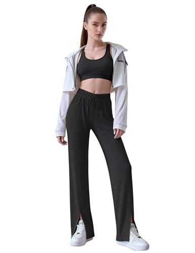 Image of Venzina Track Pants for Women Joggers Pants for Women Cool Touch High Waisted Wide Leg Summer Palazzo Pants with Side Slit Slimming Breathable for Yoga Workout Travel