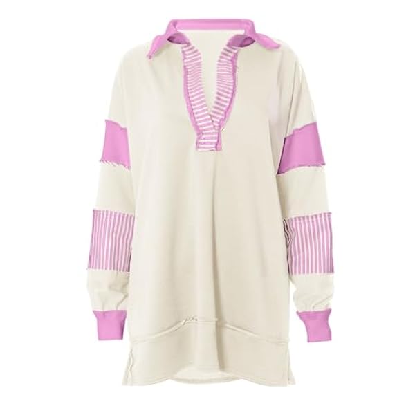 OIUHJN Oversized damessweatshirt, reverskraag, V-hals, overhemden, truien, kleur, lange mouwen, bovenstuk, pullover, geel