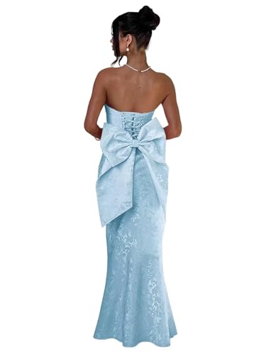 Wchecalino Strapless Jacquard Satin Prom Dresses Long 2025 Mermaid Formal Evening Party Gowns with Bow