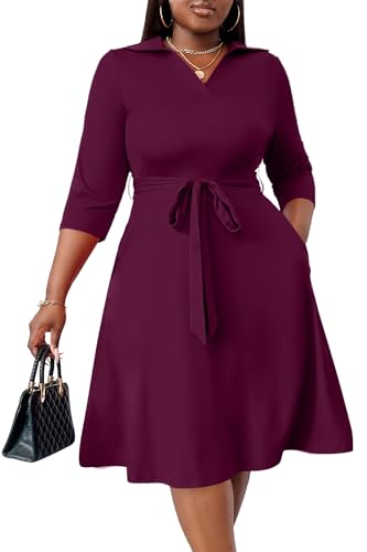 Image of FANDEE Plus Size Midi Dress for Women - Printing Summer Dresses for Wedding Guest Cocktail Party 3 /4 Sleeve V Neck(L-5XL)