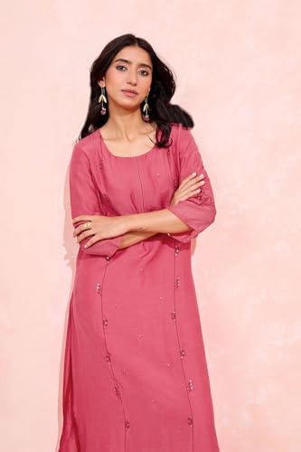 Image of Taneira Women Viscose Embroidered Pink Kurta for Women (KUAM43XPM-Pink-M)