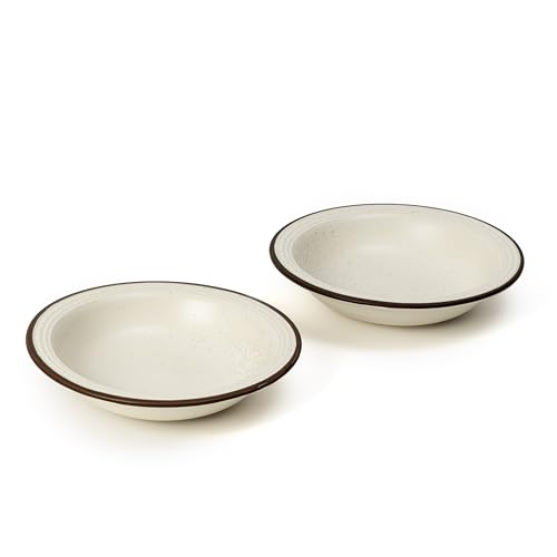 Image of Beyond Homes Ceramic Pasta Plates Shallow, 18cm, Set of 2, White Brown | Matte Finish Ceramic Pasta Bowl | Flat Stoneware Pasta and Maggie Bowl | Chip-Resistant | Microwave Safe; (2, White Brown Rim)