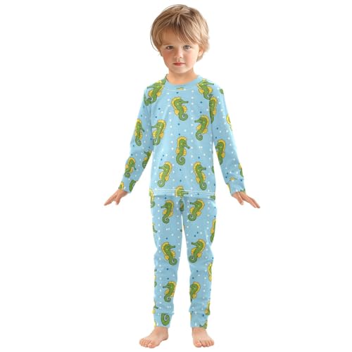 Pajama Sets Long Sleeve Seahorse Pattern on Blue Soft Comfy Sleepwear 2 Piece PJS 3-8T2