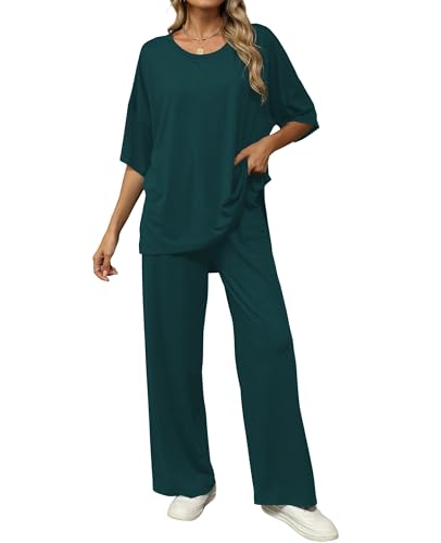 Image of KevaMolly 2 Piece Lounge Set for Women Postpartum Oversized Tops and Wide Leg Pants Soft Comfy Pajamas Set 2 Piece Outfits