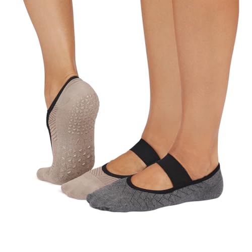 TAVI Women’s Lola Non-Slip Socks 2-Pack - Grip Barre, Dance, Pilates, Yoga Socks - Anchor/Shitake Geo, Small