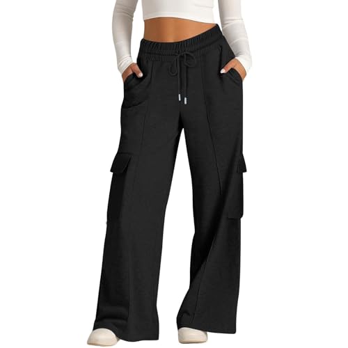 Wide Leg Cargo Sweatpants for Women Baggy Drawstring High Waisted Jogger Loose Comfy Athletic Pants with Pockets
