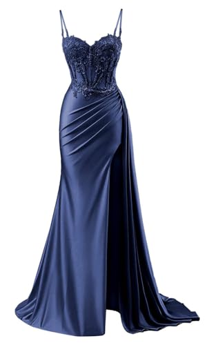 YIANN Satin-Abendkleider für Abendparty, Spaghettiträger, lang, gerüscht, formelles Kleid, marineblaues Ballkleid mit Schlitz, UK12