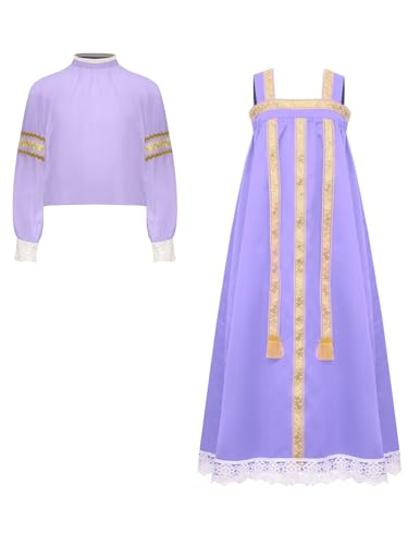 Child Girls Russian Ethnic Performance Dress Embroidered Blouse with Overalls and Headpiece Purple 10 Years3