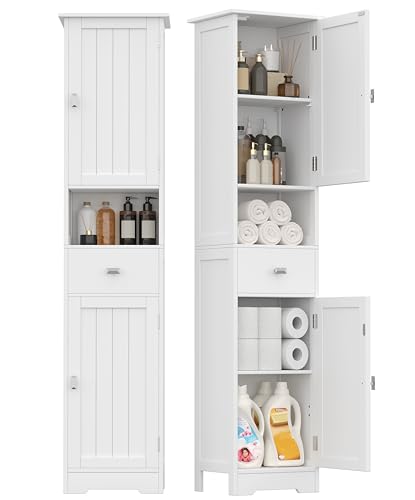 Akxoml Tall Bathroom Storage Cabinet with 2 Doors, 67' H Narrow Floor Cabinet with Adjustable Shelves and Drawer, Anti-Tip Design, 11.8 x 12.6 x 66.9 Inches, for Bathroom, Kitchen，Entryway, White