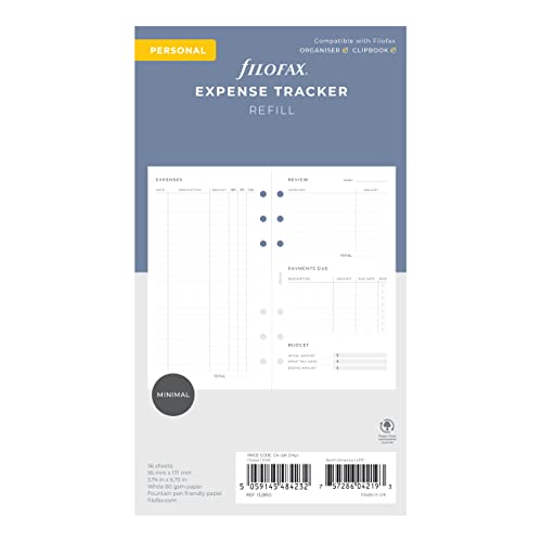 Filofax Lifestyle Refill Personal Size Organizer Refill White Paper Expense Tracker 56 Sheets (B132850)