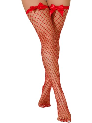 SOLY HUX Women's Fishnet Thigh High Socks Bow Front Over the Knee Stockings