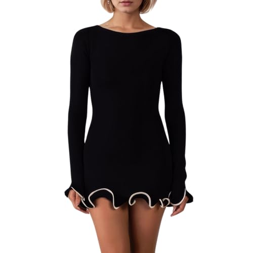 Naileksi Women Elegant Ruffle Hem Knit Mini Dress Long Sleeve Contrast Color Patchwork Bodycon Short Sweater Dress Fall Black