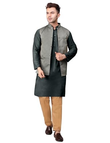 Image of Men's Cotton Silk Blend Regular Kurta Pyjama, Embroidered Nehru Jacket /Waistcoat Set