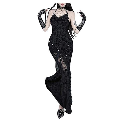 DINGJIUYAN Gothic Maxi-Kleid mit Fischschwanz, Neckholder, rückenfrei, ärmellos, bedruckt, schmale Passform, langes Kleid, Schwarz , S