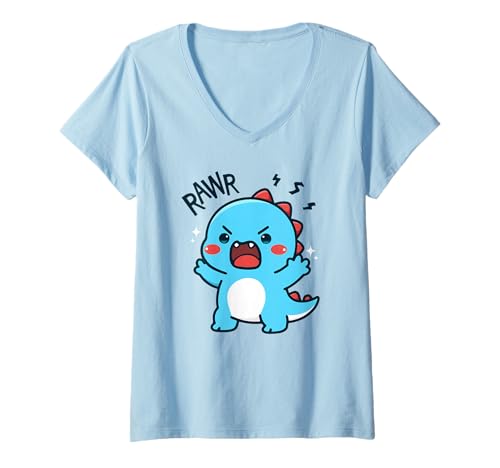 Womens Cute Dinosaur Roaring Kawaii Dino Rawr Funny Boys Teens Kids V-Neck T-Shirt
