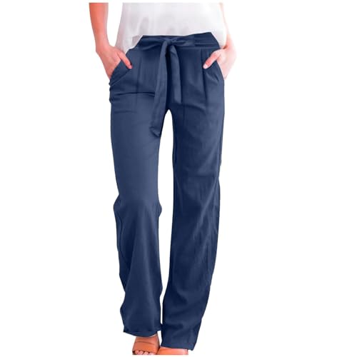 Wide Leg Dress Pants for Women Knot Tie Plus Size Linen Pants Lightweight Summer High Waisted Work Pants with Pockets