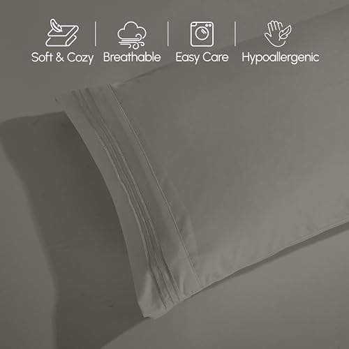 Image of Elegant Comfort Luxurious 1500 Premium Hotel Quality Microfiber Three Line Embroidered Softest 5-Piece Bed Sheet Set, Wrinkle and Fade Resistant, Split King, Gray