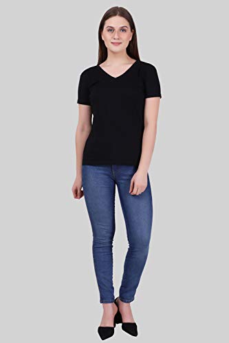 Image of FLEXIMAA Women's Cotton Plain V Neck Half Sleeve T-Shirt