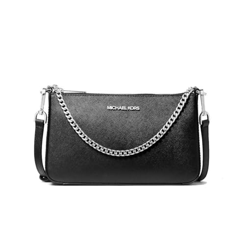 Catena Michael Kors, Jet Set - Borsa a tracolla media con catena in pelle saffiano nera, tono argento, Nero -, Medium