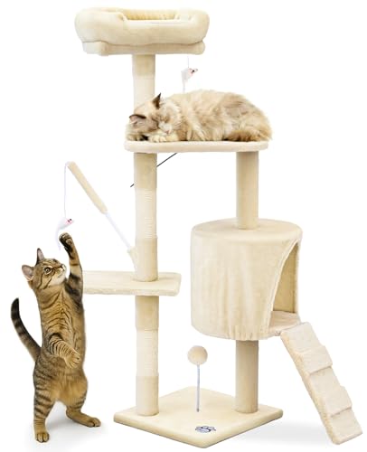 vounot® Arbre à Chat Hauteur 112cm Multi Niveaux Arbre à Grimper avec Griffoirs pour Chats Centre d’Activités avec Niche Escalade et Plateformes Beige