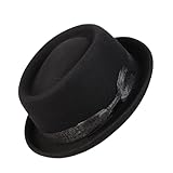 Wide Brim Pork Pie Hat 100% Wool Felt Hats Vintage Porkpie Derby Fedora (US, Alpha, Large, A Black)