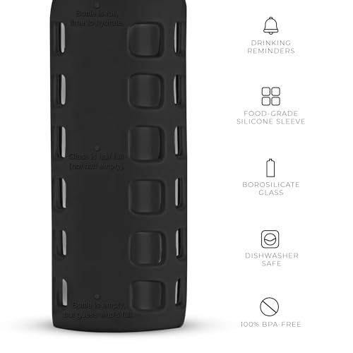 purifyou 40oz / 32oz / 22oz / 12oz Borosilicate Glass Water Bottle with Time & Volume Markers, Silicone Sleeve, Stainless Steel Lid | Reusable Glass Bottle for Water & Juice (12oz Jet Black)
