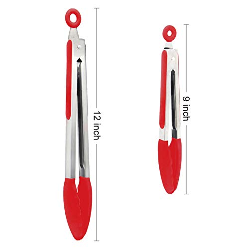 Kitchen Tongs Set Of 2 - Bpa Free Premium Silicone Tongs For Cooking & Stainless Steel Locking Salad Tongs For Cooking With Silicone Tips Non-Stick Grip, 9-Inch & 12-Inch, Red #TOP1