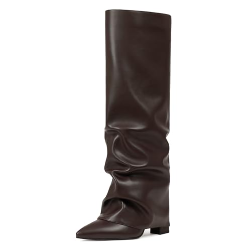 Image of SaraIris Women's Slouchy Knee High Boots - Black, Pointed Toe, Fold Over, Chunky, Shark Boots