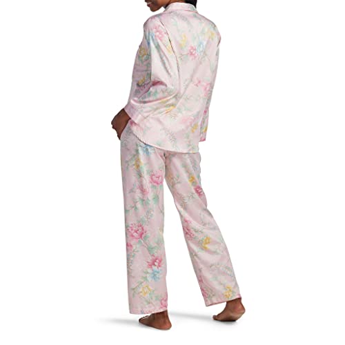 Miss Elaine Pajama Set - Women's Satin Pj Set, Elastic Waist And Button Up Top, Sleepwear And Loungewear For Women (Petite Medium, Peonies Spray On Pink Bkgr) #TOP1