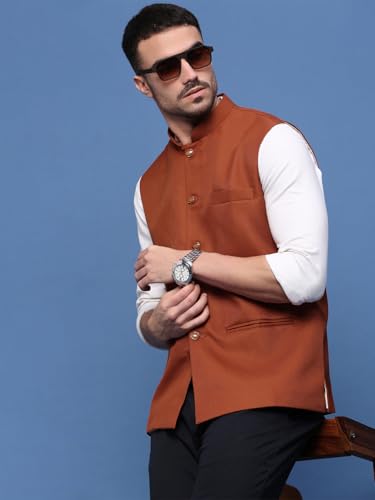 Image of SHOWOFFFF Men Solid Ethnic Nehru Jacket | Mandarin Collar Sleeveless Cotton NehruJacket for Mens | Slim Fit Regular Length NehruJackets for Men's