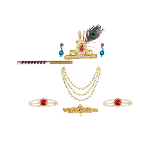 Image of ITSMYCOSTUME Krishna Dress for Baby Boy Kids Set of 10(Dhoti,Hip Cover,Patka,Mukut,Morpankh,Bansuri,Kamarband,Bajuband,Kundal) Little Krishna Ji Kanha Janmasthmi Costume