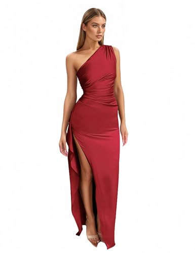 Image of Womens One Shoulder Ruched Side Satin Wedding Guest Dresses Adjustable Straps High Slit Backless Cocktail Maxi Dress