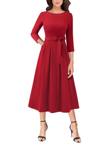 Image of VFSHOW Womens Work Business Casual Church Pockets Belted A-Line Midi Dress