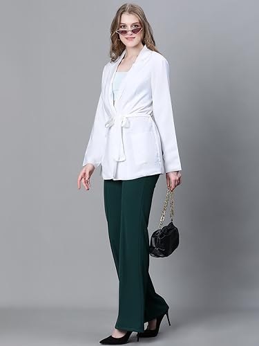 Image of oxolloxo Women Soild Open V-Neck Belted Long Sleeve Blazer Jacket