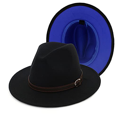 Gossifan Womens & Mens Two Tone Wide Brim Fedora Hats with Classic Belt Patchwork Felt Hats-A Belt Black/Royal Blue Cover