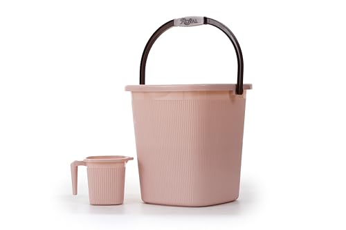 Image of Strong Plastic Bucket Mug Bathroom Set of 2 for Kitchen & Bathroom (25L Bucket,1.5L Mug) (Light Brown)