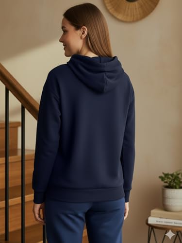 Image of LEOTUDE Women's Full Sleeve Hooded Neck Loopknit Printed Sweatshirt Hoodie for Women (Navy Blue)