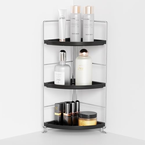 Image of 3-Tier Corner Bathroom Organizer Countertop for Storage,Counter Tray and Vanity Organizer,Plastic Counter Organizer for Kithchen, Bathroom, Dresser 10.6 inches (Chrome + Black)